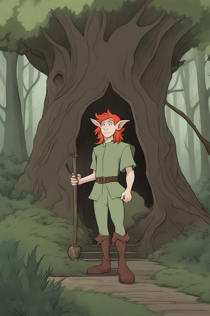 [Disenchantment, Elfo] Deep within the lush and vibrant forest of Elfwood, where towering trees stretched their canopies towards the heavens, a small and peculiar figure moved with cautious steps. This was Elfo, the elf-like creature with rosy cheeks, a perpetually naive demeanor, and a shock of fiery red hair that stood out like a beacon in the enchanted woods. Elfo was on his latest adventure, an expedition to uncover the mysteries of the great forest that had sheltered his fellow elves for