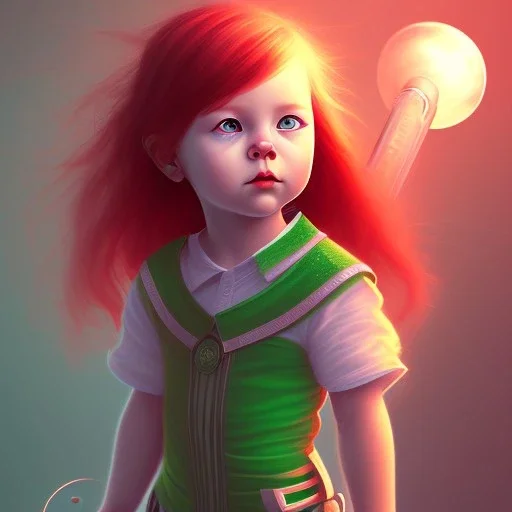 Child, girl, full body, red hair, adventure, sharp, green eyes, magic staff