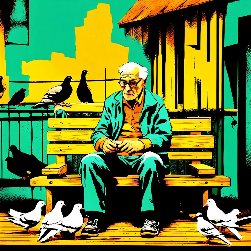 A digital painting in a vintage pop-art style. An elderly man sits on a wooden bench surrounded by pigeons, holding some in his hands. The scene is inspired by a black-and-white photograph but reimagined with bold pop-art colors, strong contrasts, textured brush strokes, and a retro urban atmosphere. The background features distressed textures, with warm yellows, deep reds, and teal greens, blending realism with stylized graphic design. The man’s expression remains detailed and expressive, while