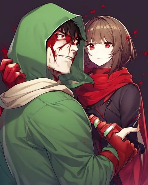 Wearing a green hood, short brown hair, glowing red eyes, blood on his cheek, dark background reminiscent of a nightmare, Psychopathic smile while holding a red knife, wears a red scarf, facing the screen showing only his face and neck, Man, art style: Anime manga.