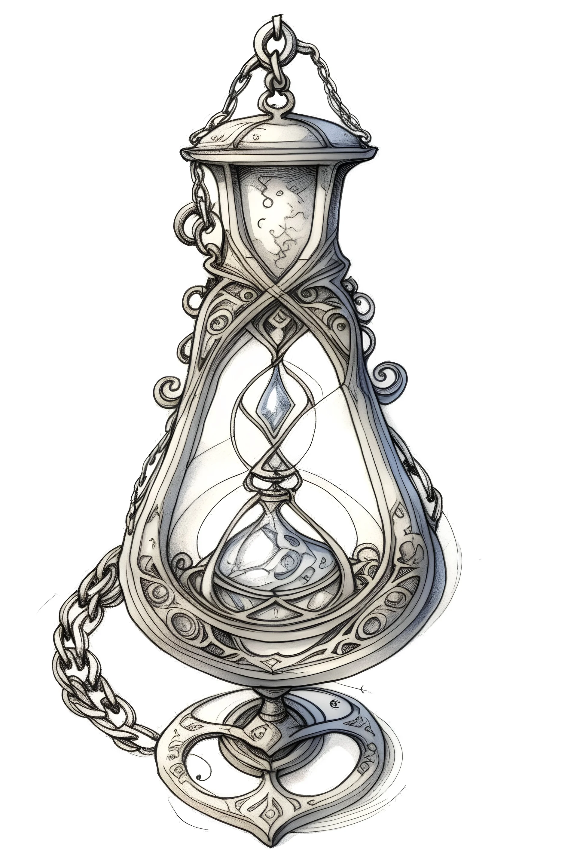 A sketch of a magical locket filigreed with silver in the shape of an hourglass made of bone