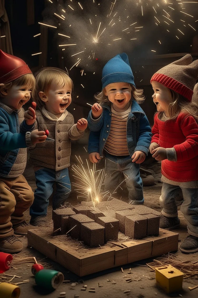 A group of five-year-old children gather and play with building blocks, while ribbons of firecrackers fly around them.