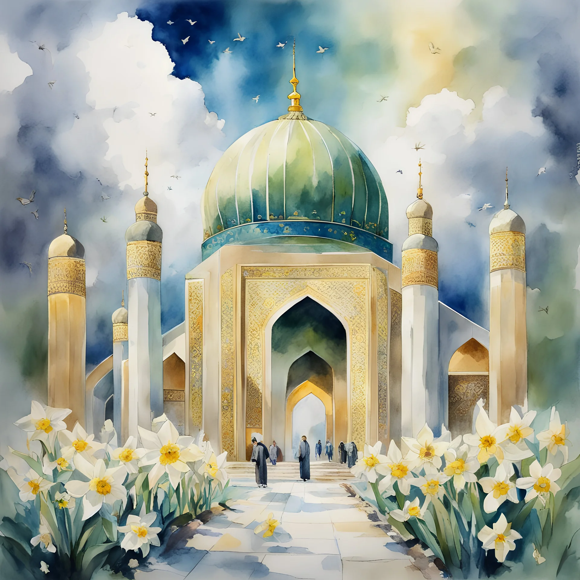 Jamkaran Mosque in Iran has blue, green and gold colors . man like the Prophet Muhammad . domes with beautiful lighting and around the mosque it are alot of white Daffodil flower in the floor , clouds with small birds in sky. watercolor