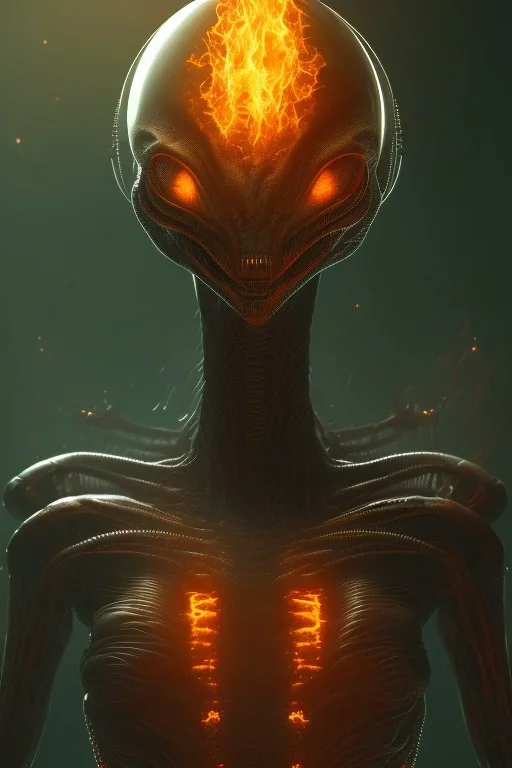 alien in the hell, Fire theme art, Dark moody night atmosphere, , 8K, close-up face, anatomically perfect face