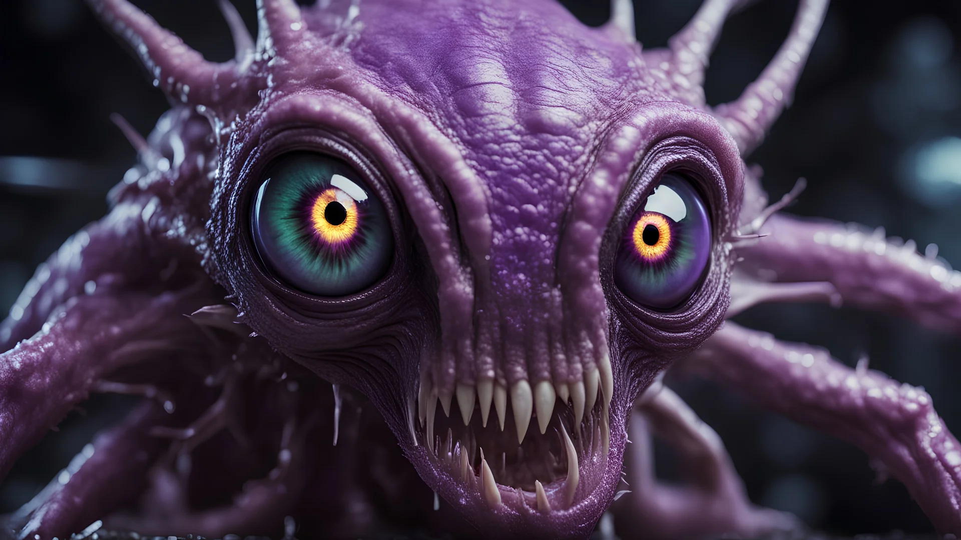 close up of a slimy vicious alien with one purple electronic eye in the middle of its face, part electronic, part machine