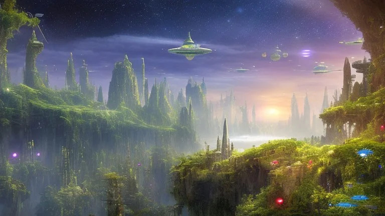 Many Spaceliners Docked At A Huge Busy Spaceportt set into The Side Of A Huge Cliff covered in plants and trees, Star Wars, Star Trek