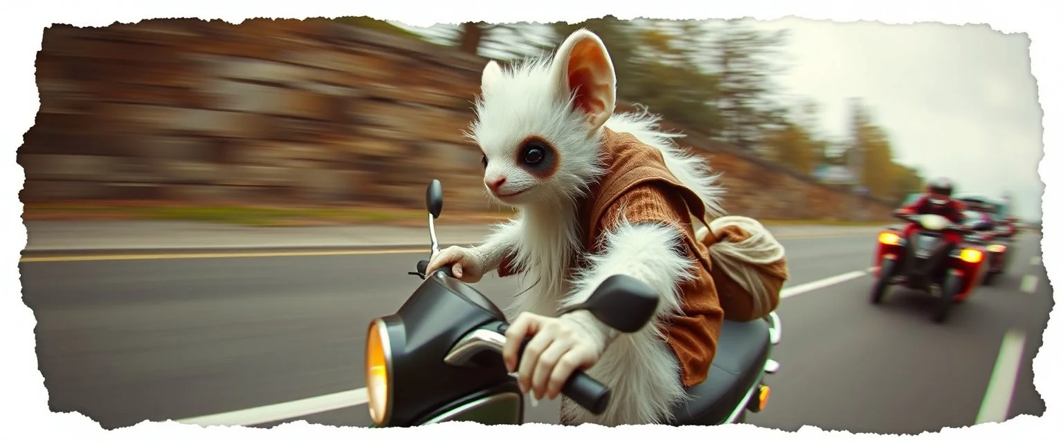 3d airbrush render, white fluffy gnome native panda elf alien dodo on insane fast scooter, pinhole cam, airbrush 3d rendering, in the style of Titian and Dali , torn edges on border, John Atkinson Grimshaw