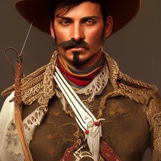 portrait,"Insanely detailed photograph of a male western mustachioed crossbowman", detailed charro, sequenced Sombrero, detailed held dagger, digital painting, artstation, concept art, sharp focus, illustration, art by artgerm and greg rutkowski and alphonse mucha, 8 k,fantasy, unreal engine