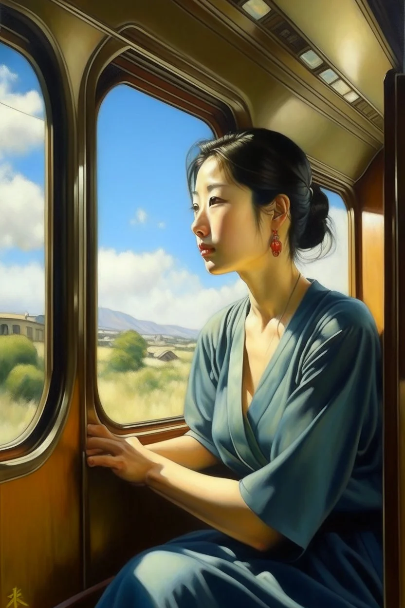 Neoclassicism japanese woman looking at window happy to sky in train realistic cote d'azur painting