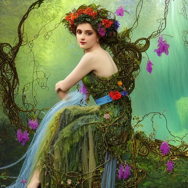 a closeup of a fairy wearing a dress of vines and flowers sitting near a cerulean reflective lake, artwork, Flickr, 8 k, detailed matte, fine-detailed, high-quality, in the style of George Grie, Anne Dittman, Anne Stokes, Lisa Parker, Selina French, alphonse mucha