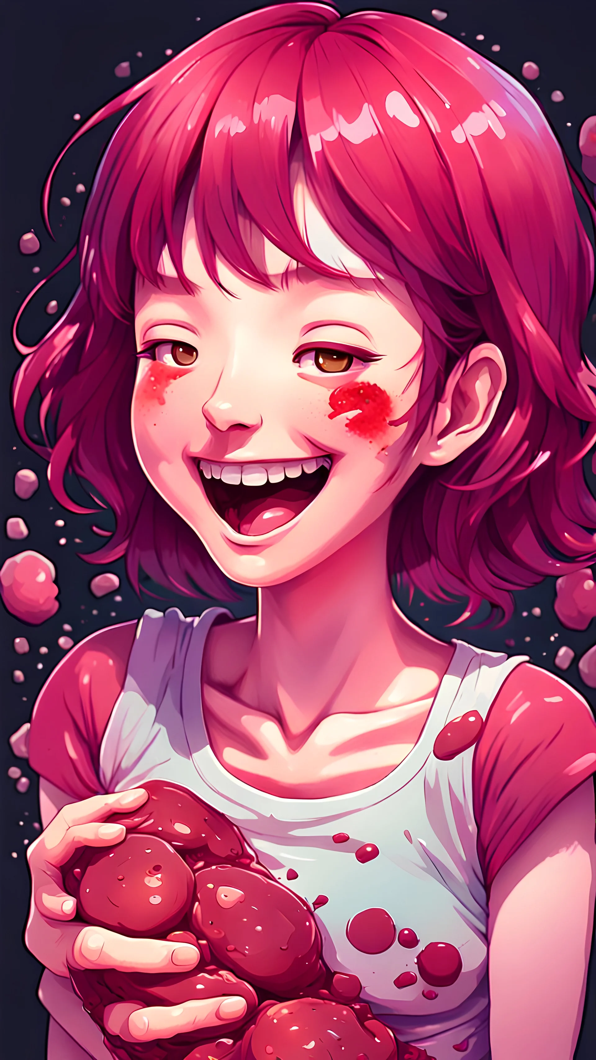 A detailed illustration Anime girl smiling crushed inside really darkred fleshy stomach filled with digestive juices, t-shirt design, in the style of Studio Ghibli, pastel tetradic colors, 3D vector art, cute and quirky, fantasy art, watercolor effect, bokeh, Adobe Illustrator, hand-drawn, digital painting, low-poly, soft lighting, bird's-eye view, isometric style, retro aesthetic, focused on the character, 4K resolution, photorealistic rendering, using Cinema 4D, vector logo, vector art,