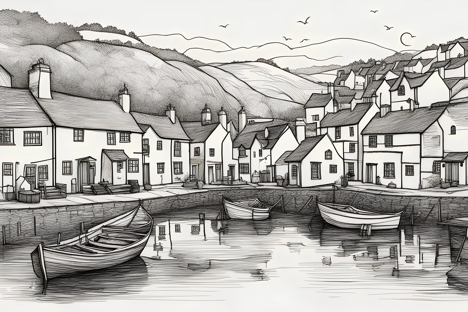English fishing village thin light sketchy light hb pencil line art minimalist outlines