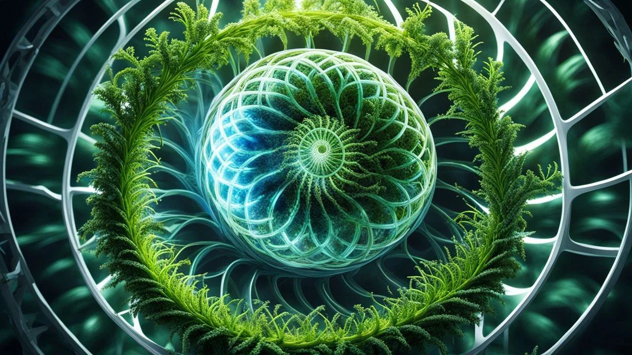 A genetically engineered plant emerges from a mesmerizing spiral, inspired by E. T. A. Hoffmann. This intricate 3D render depicts a fusion of primitivism and biochemistry, showcasing a fascinating blend of RNA bioweapons, xenobiology, and the morphing DNA helix. The image portrays a bioorganic concept of a mechanically evolved life form, born out of DNA experiments.