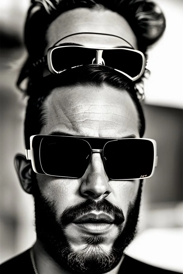 Artistic photo in the audacius style of Jill Greenberg, of man with a luxurious and striking style, abundance of jewelry, oversized square one-piece sunglasses, neat black beard, prints, extravagant, barroque scene , impasto style with thick texture