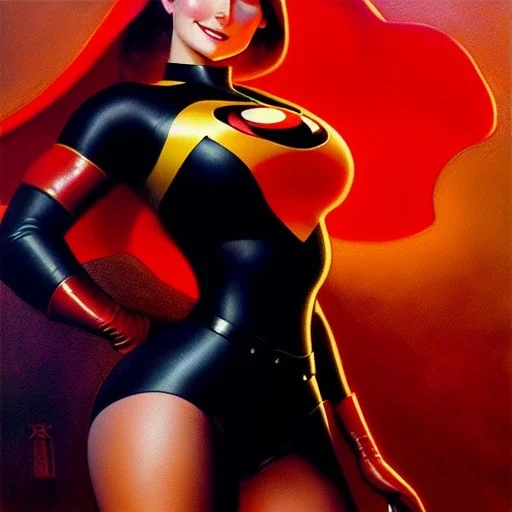 Drawing of beautiful face,'beautiful booty,Busty fit Helen Parr-The Incredibles',intense stare, ancient skintight armor, balanciaga fashion clothe painting by gaston bussiere, greg rutkowski, yoji shinkawa, yoshitaka amano, tsutomu nihei, donato giancola, tim hildebrandt, Oil on canvas, cinematic composition, extreme detail,fit full head inside picture,16k