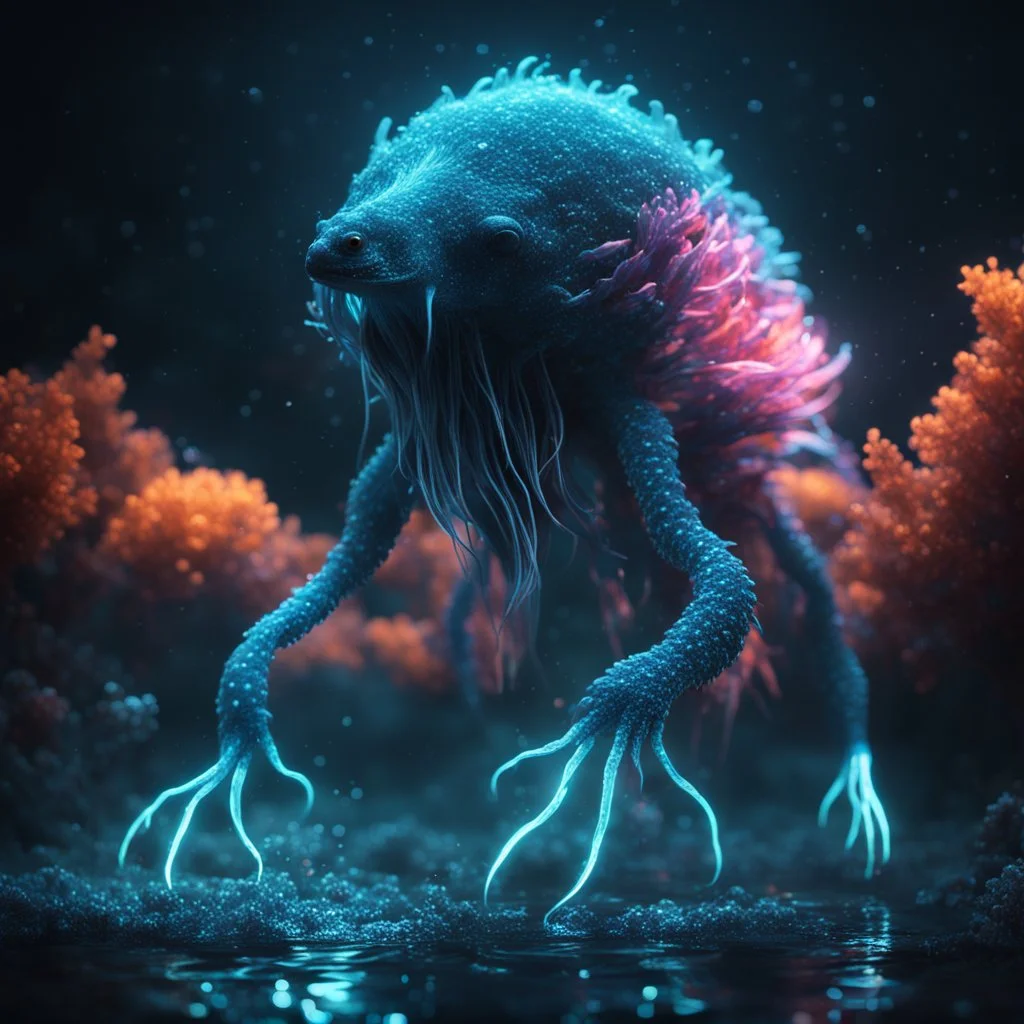 giant bioluminescent creature glowing in dark, water particles in air, bright colors, glowing sparkle particles, dark tone, sharp focus, high contrast, 8k, incredible depth, depth of field, dramatic lighting, beautifully intricate details, clean environment, epic dynamic scene, photorealistic cgi