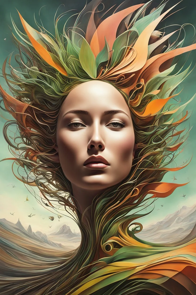 an abstract portrait of her subconscious yearning to be as free as the wind , neo surrealism, biomorphic , striking, atmospheric, dreamlike, enigmatic, in the style of Yves Tanguy , Kay Sage, and Joan Miro, in soft, rich plant based organic colors, hyper detailed , cinegraphic realism, high detailed feminine facial features, 4k