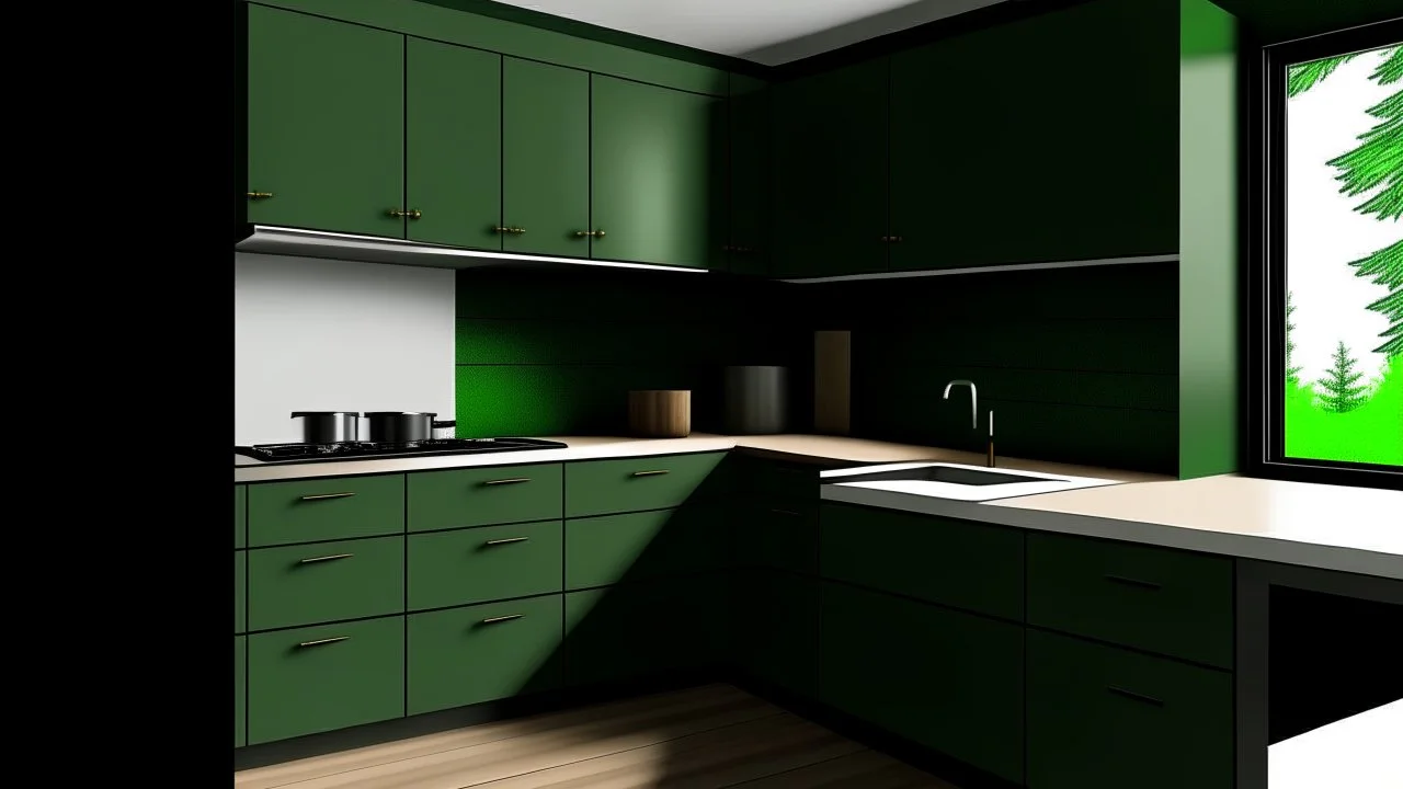 kitchen with dark green furniture, forest wallpaper on a white wall, on the left side next to the window there is a microwave and oven installed in the furniture, and on the right side 5 cm from the induction hob and a kitchen hood above it,