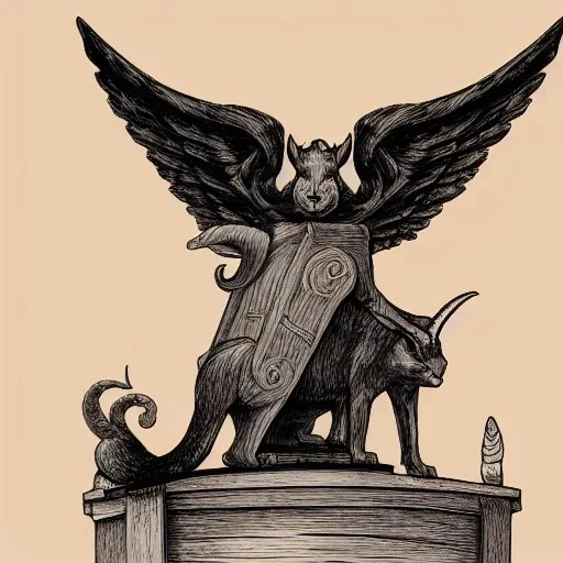 Cat gargoyle with goat horns and wings on its back Nick Harris illustration style