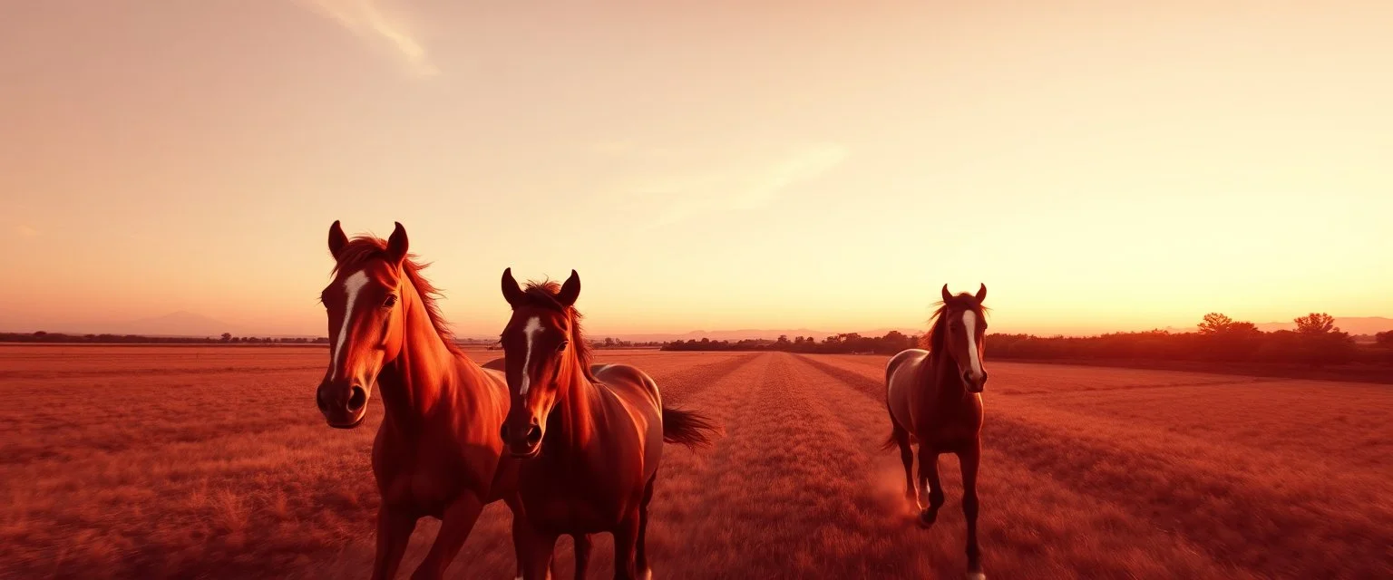 3 horses running towards the viewer, the left side horse veering to the left, the right side horse going to the right. red tones
