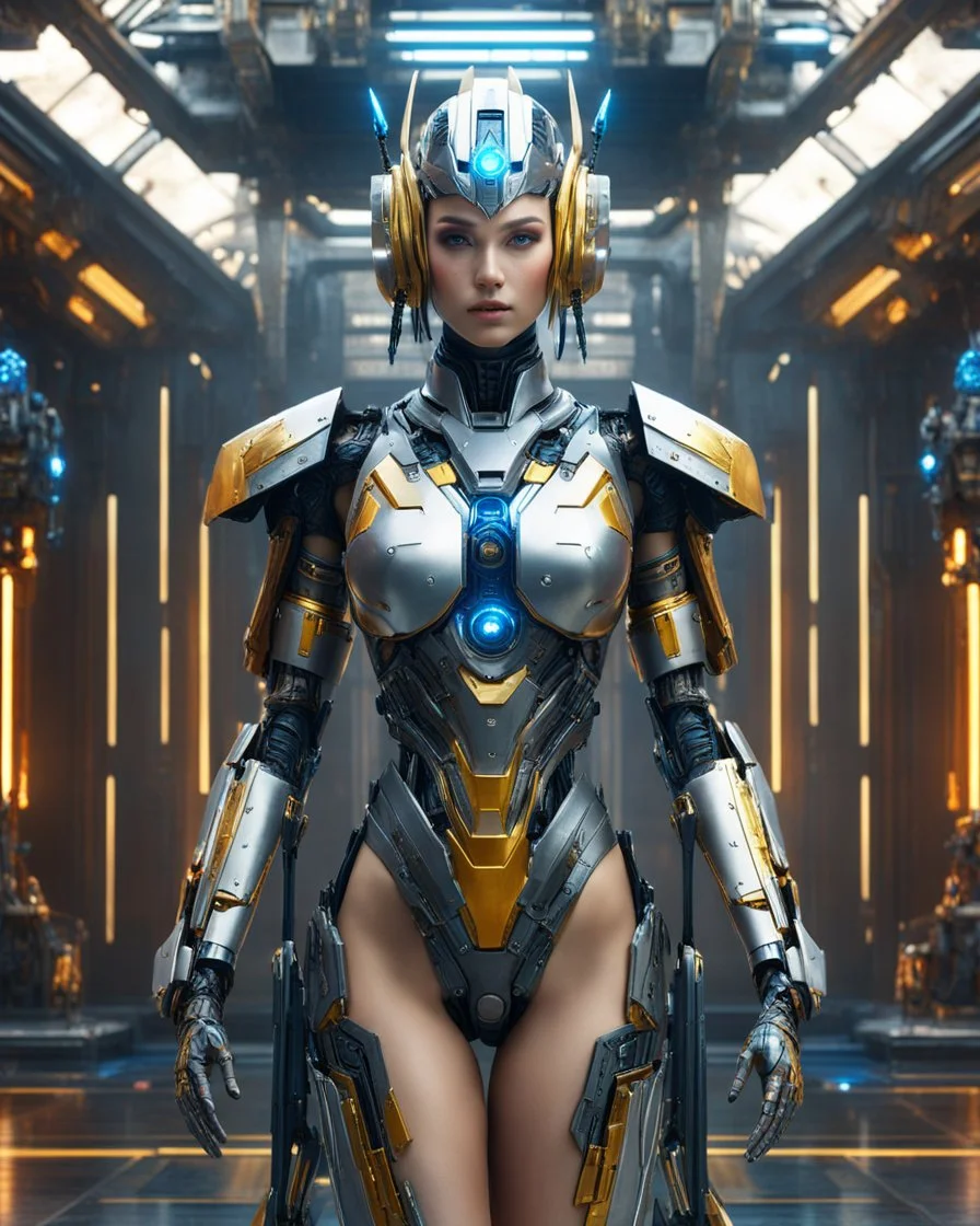 Full body portrait of cyber mech robot woman ((masterpiece)), (beauty:1.3), iconic asp headpiece, UHD, 64K, hyperrealistic, vivid colors, , 8K resolution, throne room background with hieroglyphics, HDR depth, ultra detail, commanding regal aura, real photo