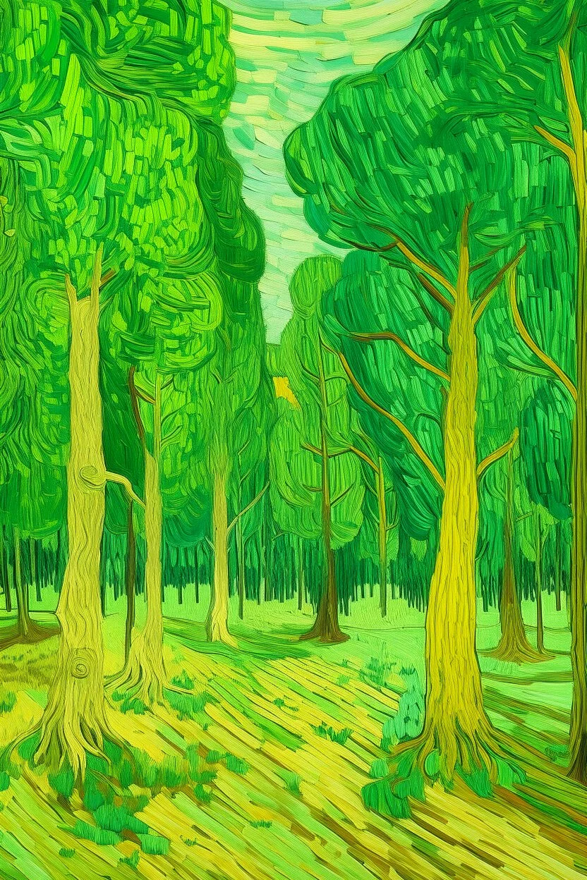 A lime green savanna with leafy trees painted by Vincent van Gogh