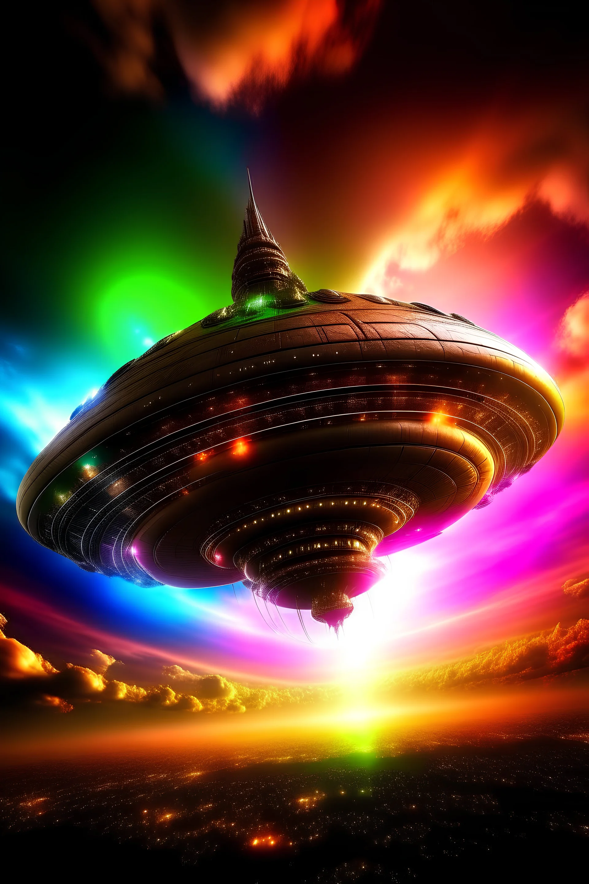 The massive alien mothership descending upon Earth with a colorful and surreal sky in the background.