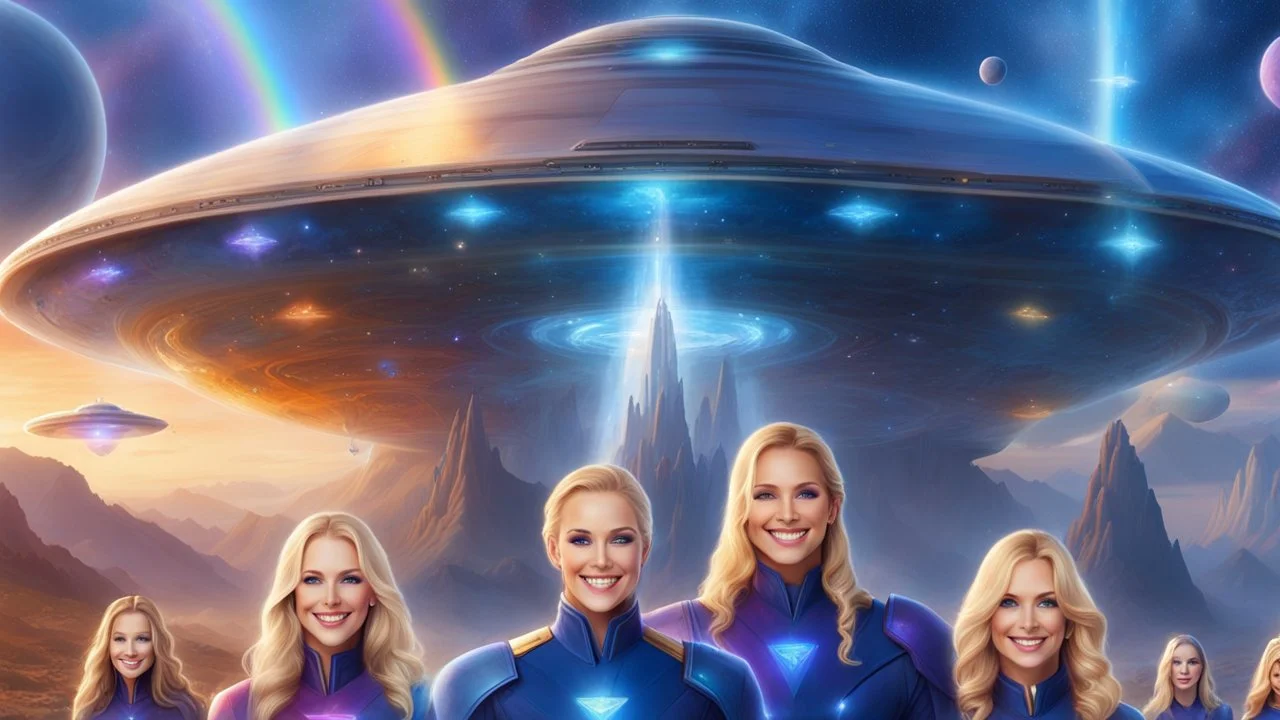 ufos rainbows,beautifuls paysages, fantastic colours,cosmic woman ,beautiful ufos rainbow, admiral from the future, galactic confédération, fine whole face, crystalline skin, expressive purple eyes,rainbow, smiling lips, very nice smile, costume pleiadian, Beautiful tall woman pleiadian Galactic commander, ship, perfect datailed golden galactic suit, high rank, long blond hair, hand whit five perfect detailed finger, amazing big puple eyes, mouth, high définition lips, cosmic happiness, bright
