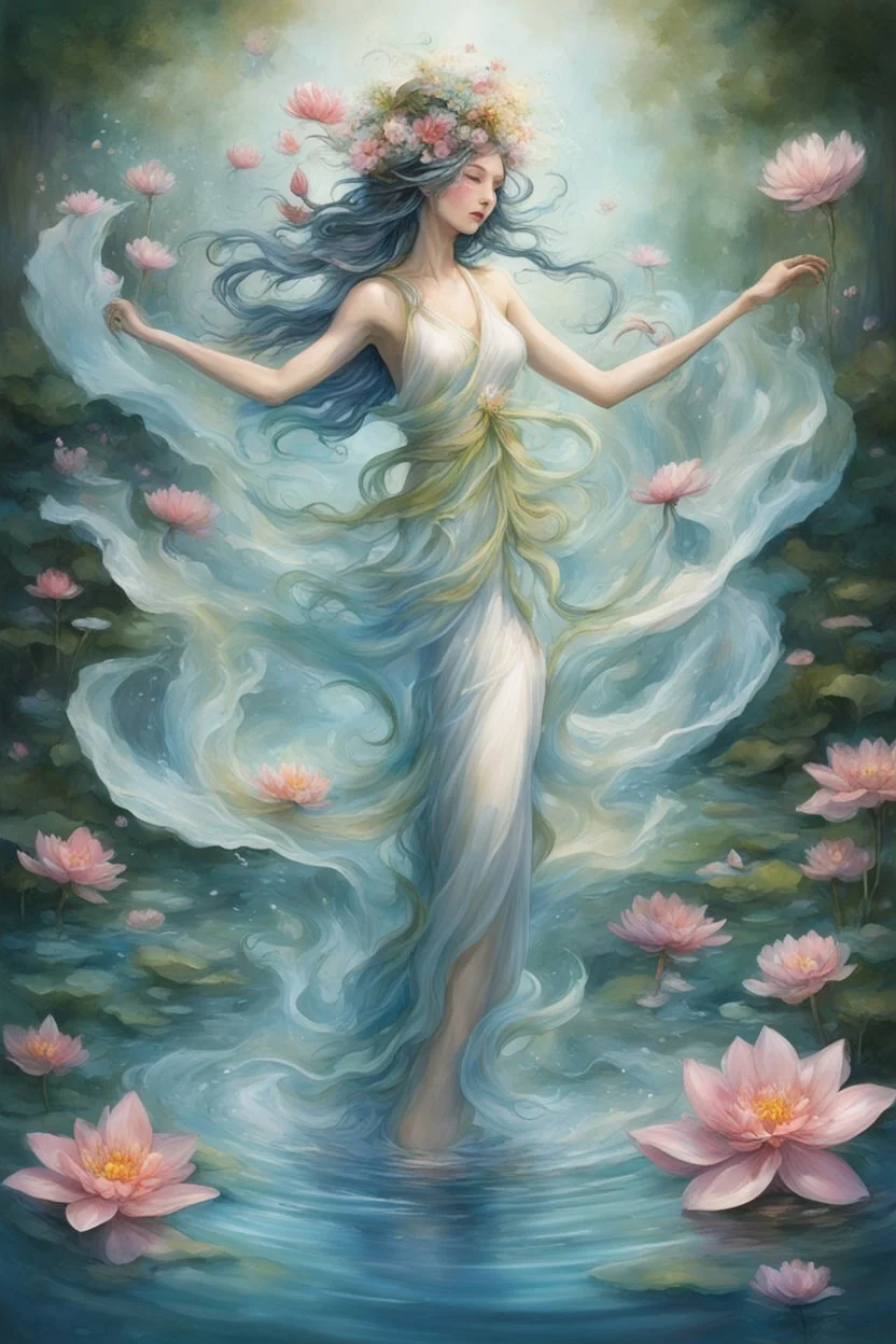 Alchemy RefinerSsterbenart A graceful floating water goddess Suggested details Asian-like style A graceful floating water goddess, her delicate figure is surrounded by a tranquil garden of ethereal water flowers. These flower petals convey many emotions, moving gently with the wind rippling on the surface of the clear water. The stems of aquatic plants come in many vibrant colors, dazzling with their beauty. This captivating scene is depicted in a painting of stunning detail, where every aspect