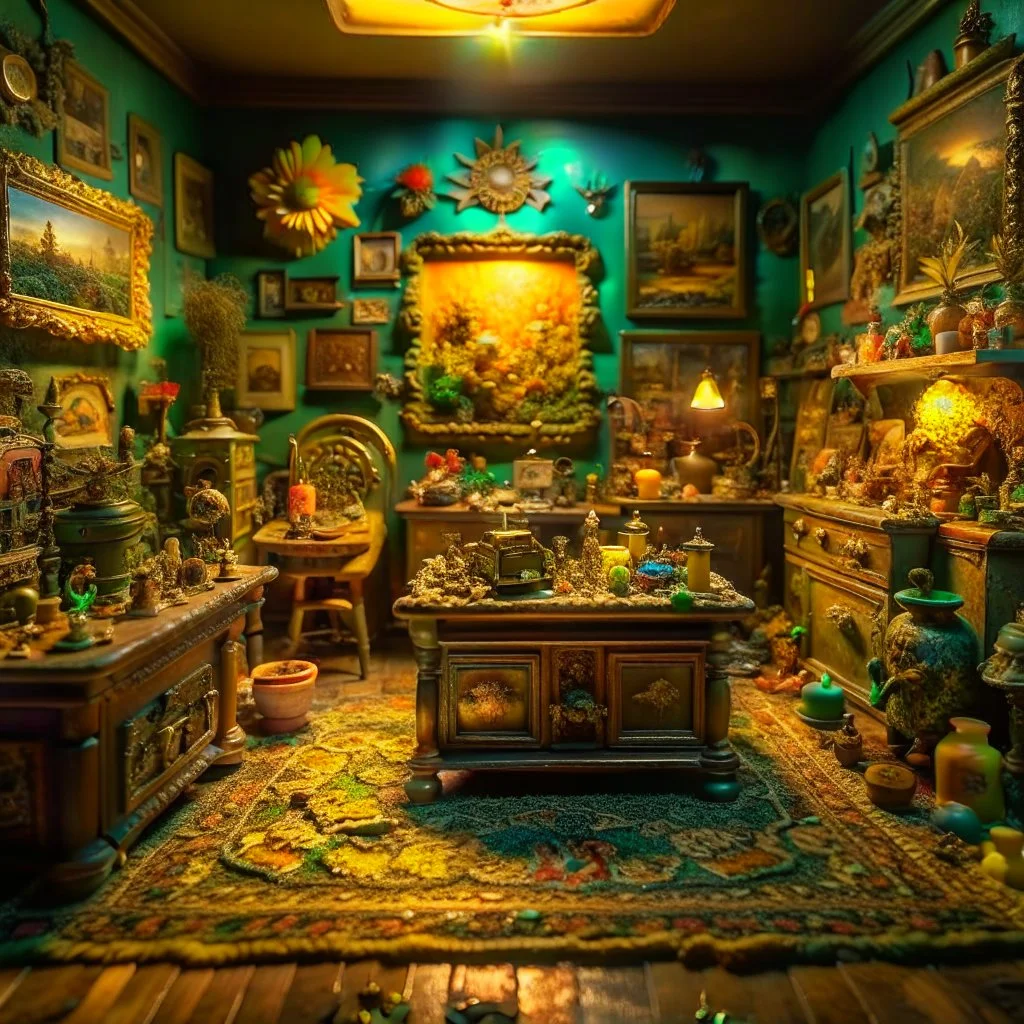 Diorama of old stuff in a room, sharp focus, 8k, 3d, very detailed, volumetric light, grim, fine art, very colorful, ornate, 35mm, F/2.8, insanely detailed and intricate, hypermaximalist, super detailed, decadent