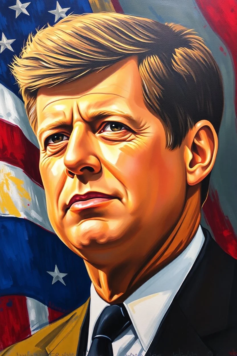 an expressive painting of JFK portrait with the American flag in the background, might see a companion with features of absolute strength and determination, blended with warmth and deep faith. Perhaps his face expresses wisdom and courage, with eyes radiating confidence and faith.