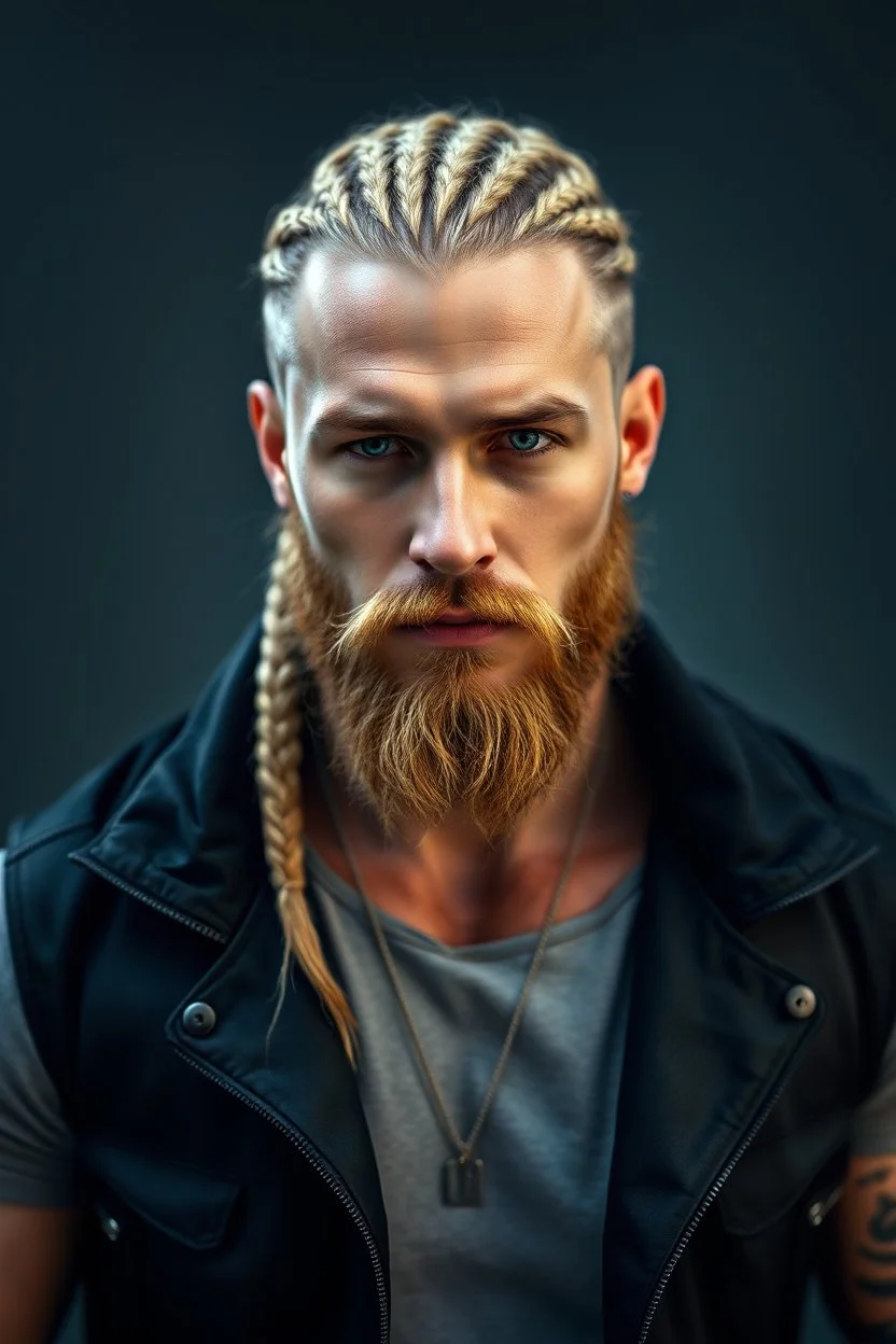 photorealistic, 4k, hyperdetailed portait of 28-year-old german muscular male, with long blonde braided and undercut hair, neatly trimmed goatee beard, modern clothing, modern fantasy