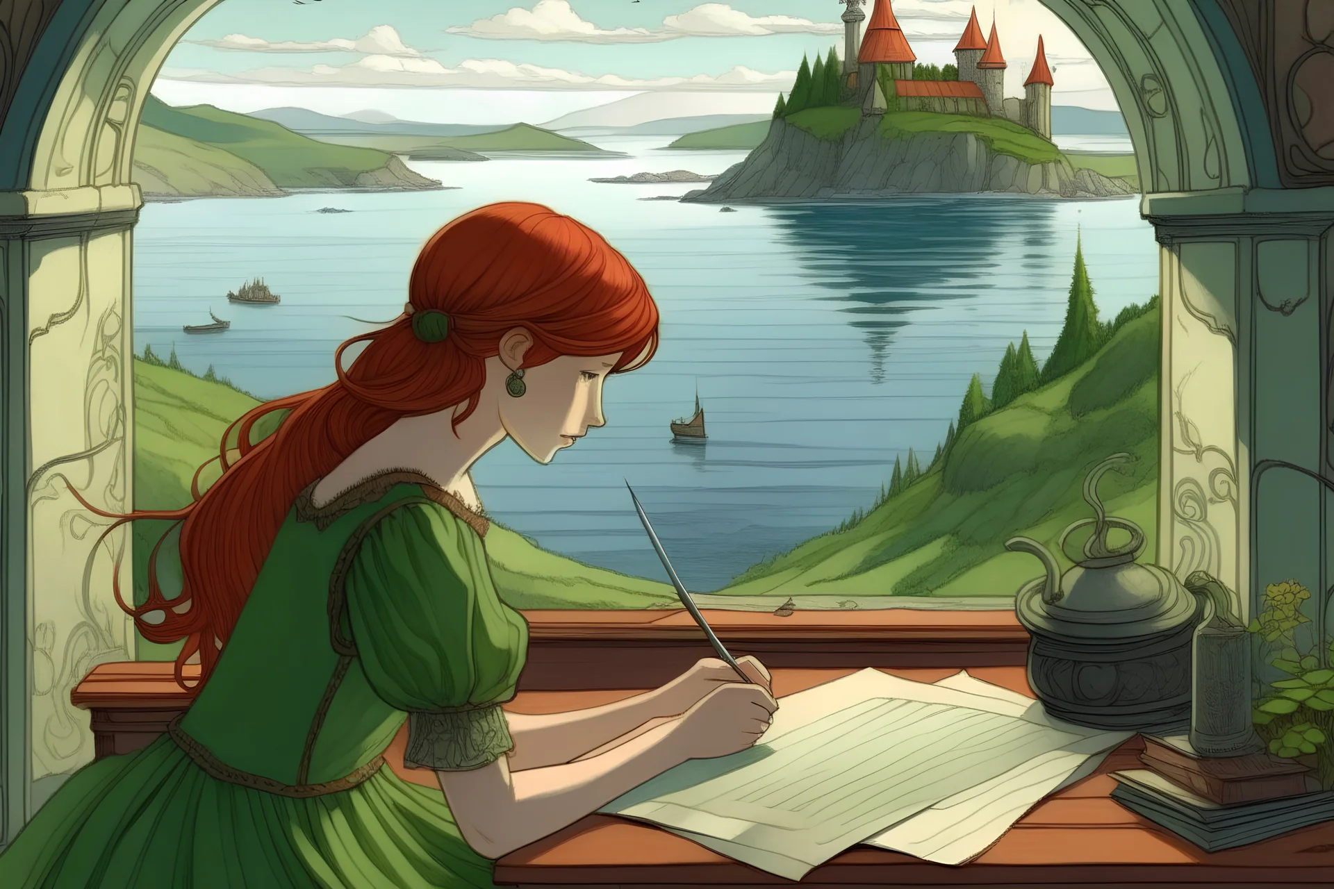 red haired fairy in a green dress sitting at a desk with pen and paper in front of a window overlooking a bay down below. In the middle of the bay is an island surrounded by water. On the island is a mountain with a church on top. Everything looks Medieval.