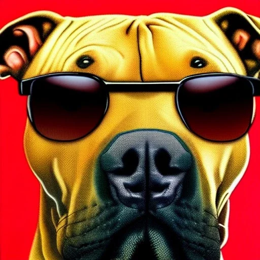 realism Portrait of a pitbull wearing sunglasses with van gough background