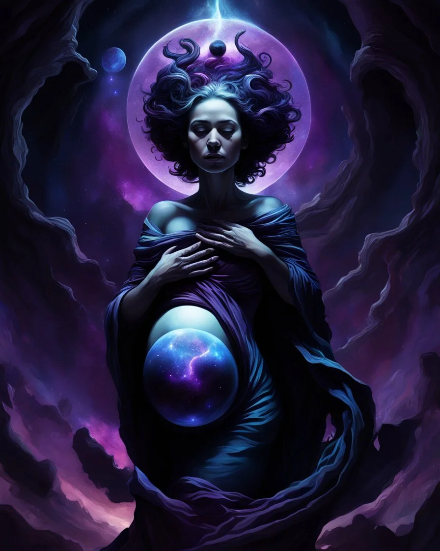 concept, dark void in abdomen, pregnant,cosmic theme, surrealism, detailed anatomy, shadows and highlights, eerie atmosphere, digital art, high resolution, deep space colors, black, purple, blue, glowing elements, dramatic lighting, imaginative interpretation.