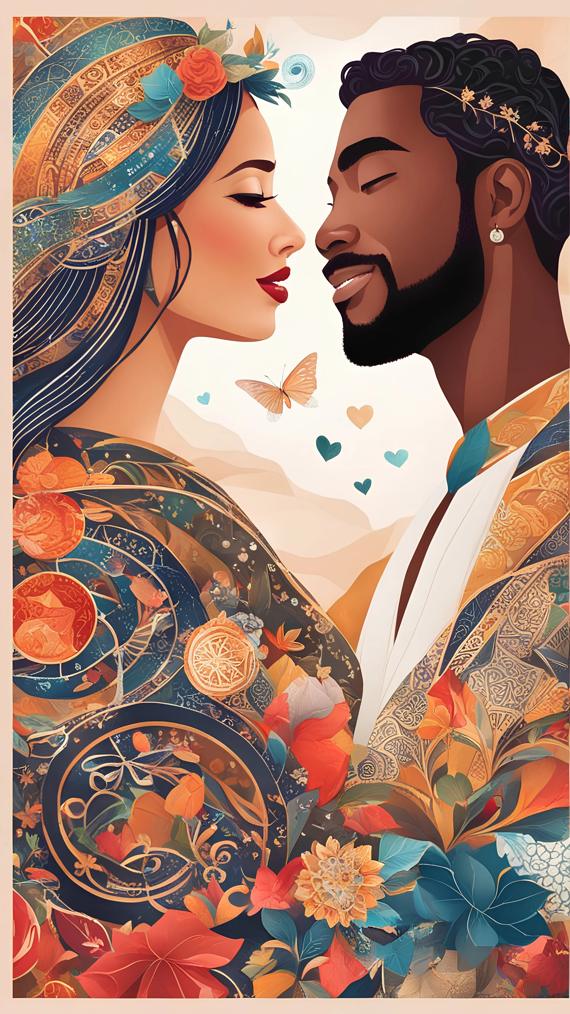 a diverse couple expressing love through different languages and cultural symbols. Emphasize the richness of their connection despite cultural difference