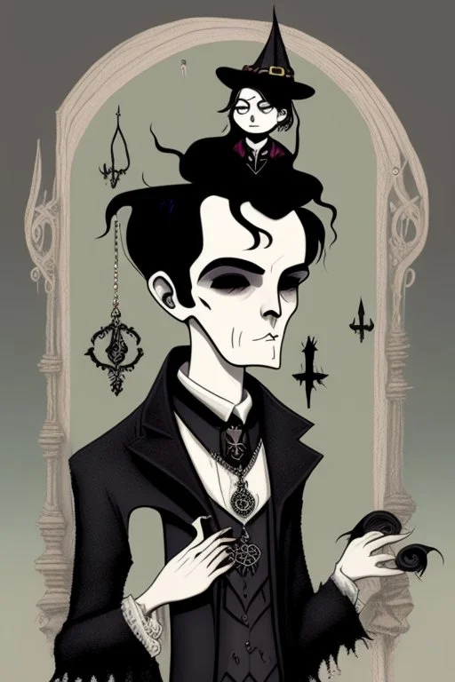 black haired young man necromancer wizard with gothic jewelry in the style of charles addams