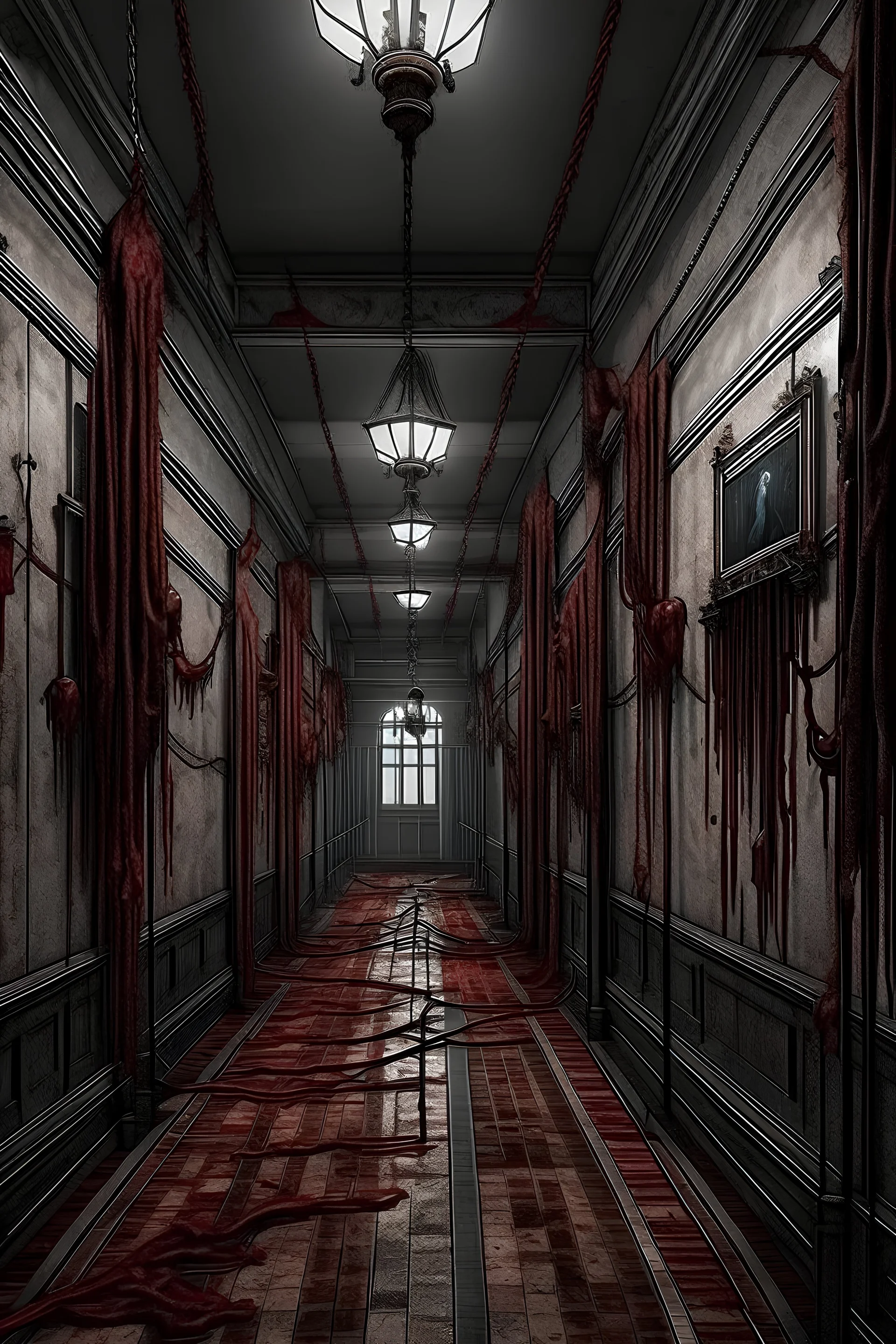 A gothic hallway with blood and dead bodies hanging by ropes from the roof faceless
