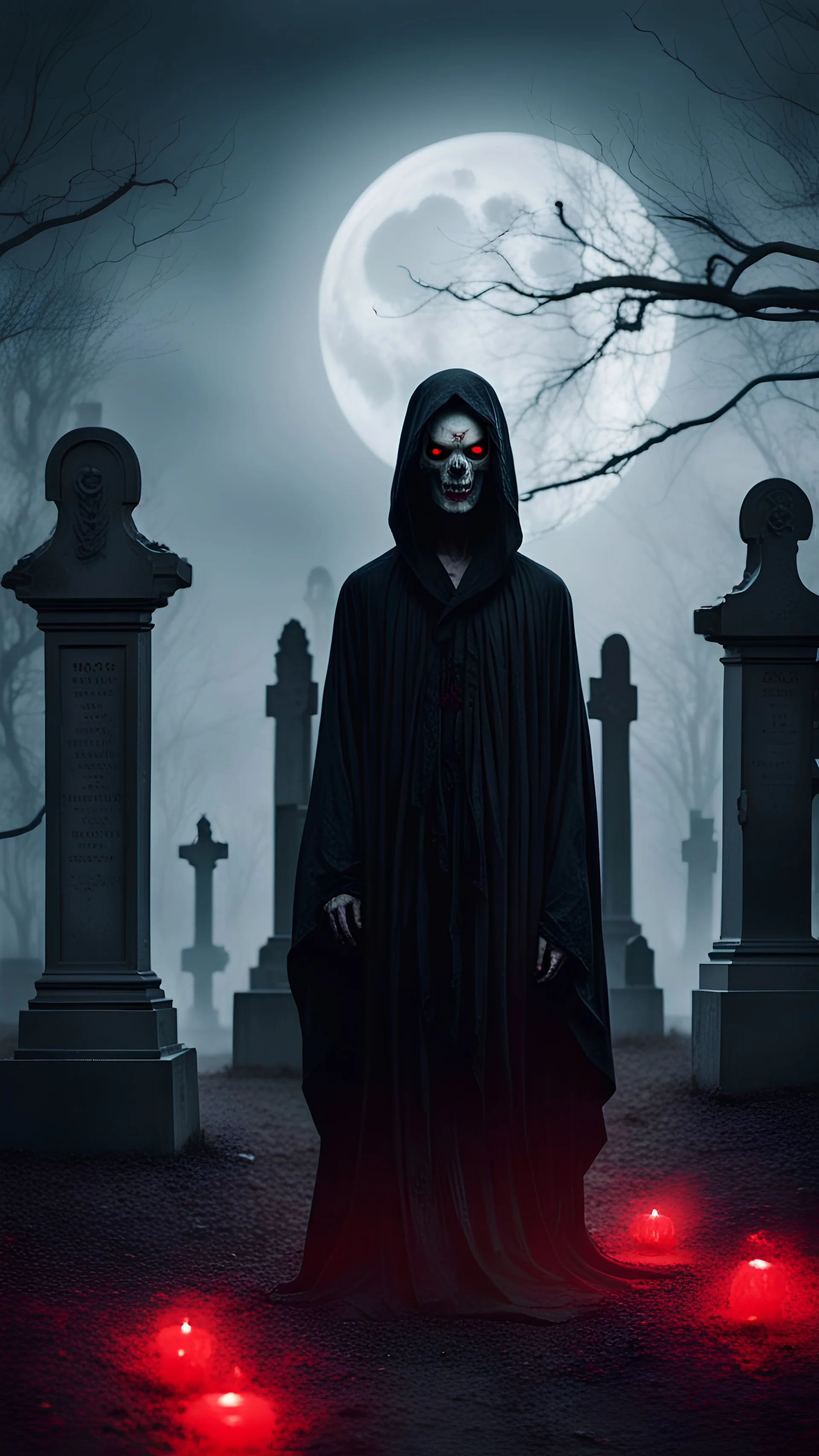 An eerie figure in a black torn robe with a face resembling a skull and bright red eyes, stands in the middle of a gloomy cemetery on a full moon, detailing in the style of a horror film, thick fog, mystical atmosphere