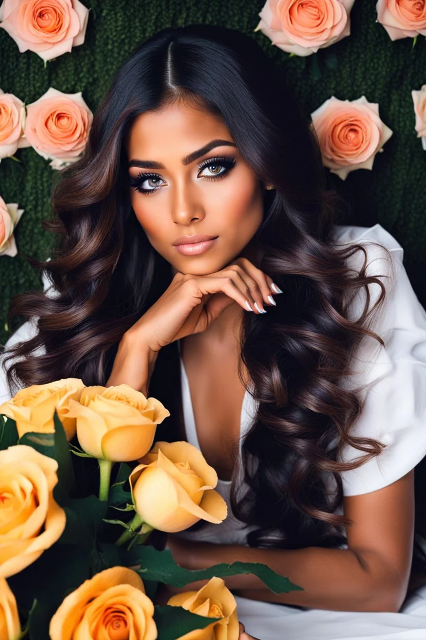 a young nice skin girl sitting on a couch holding a bunch of flowers, tanned ameera al taweel, hair whitebangs hair, sitting on the edge of a bed, roses and lush fern flowers, with big eyes, in a room full of candles, a microscopic photo, cute photograph, from left