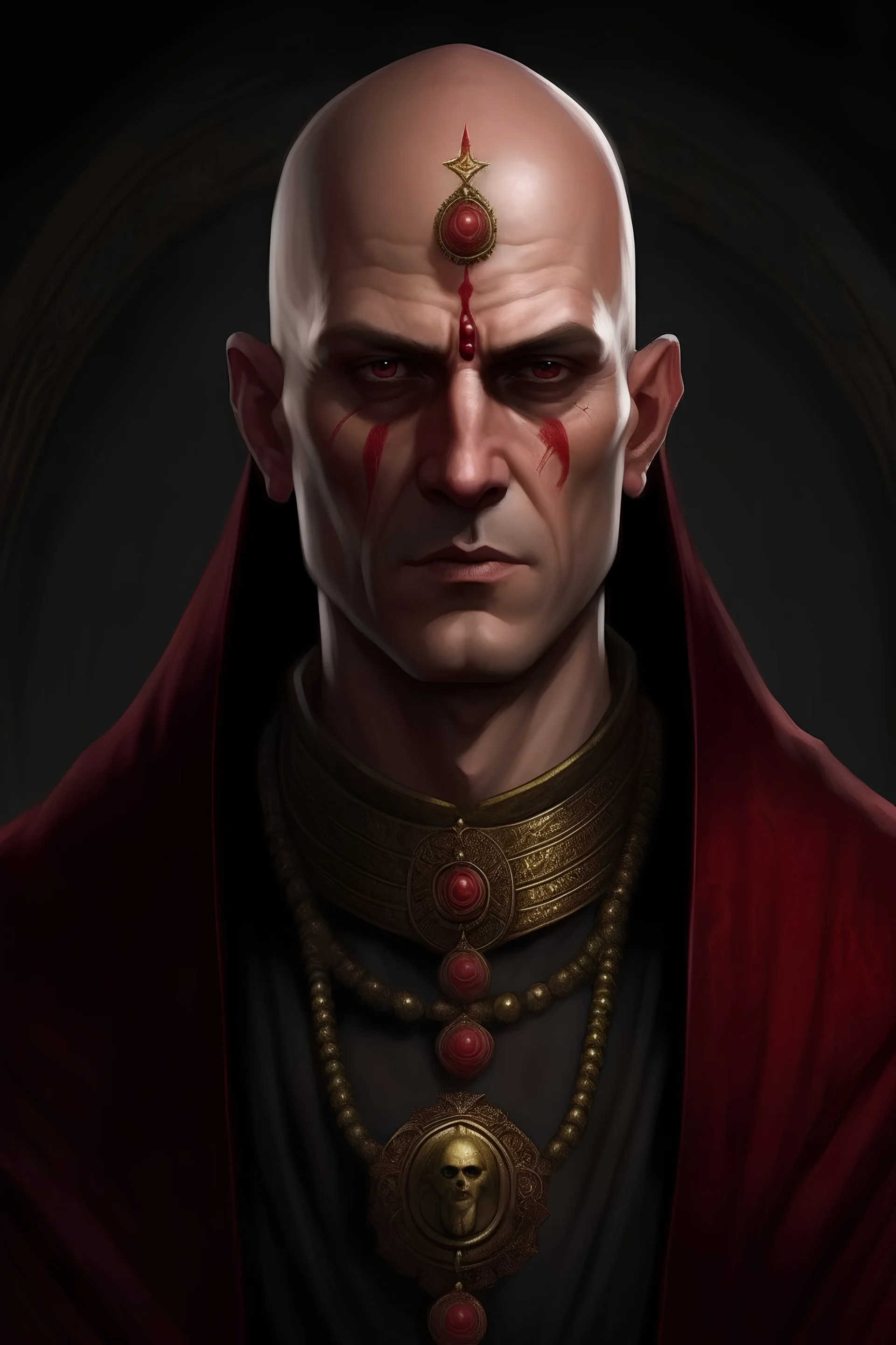 A male aasimar. he has a shaved head and no beard. His skin is bright white and his eyes are golden. A halo shines behind his head. He wears blood red and black robes. Make in the style of byzantine iconography