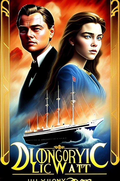 Young Leonardo dicaprio and Kate winslate, big ship Titanic movie poster