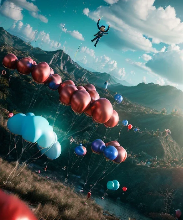 Ultra realistic thriller sky scene, portrait, Childs free jumping flying with trinkets, smile, happy, Wes Anderson style, inflatable color clothing, extreme, wind, clouds sea, 20,000 feet altitude, stratosphere, soft color, highly detailed, unreal engine 5, ray tracing, RTX, lumen lighting, ultra detail, volumetric lighting, 3d, finely drawn, high definition, high resolution.