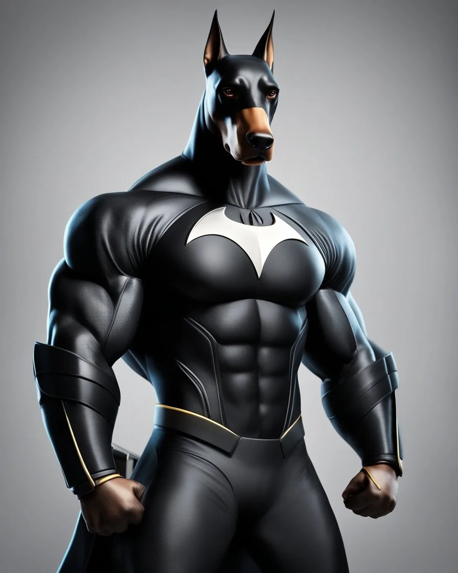 Muscular and powerful Doberman superhero, weightlifter type, with a serious and confident expression. He wears the suit inspired by Batman's. On the chest a (((stylized logo))) of a dog. Strike a heroic pose. Vibrant typography 3d rendering photo