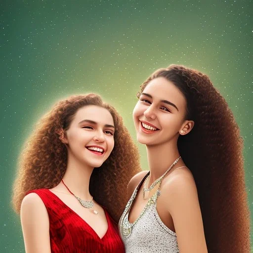 movie poster of two girls smiling with curly hair and crystal necklace,trying dress focus on upper body and face, ball background, bushy eyebrows