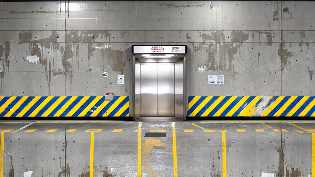 wall design for parking garage, concrete, yellow marking lines, hazard lines, weathering and water stains, realistic elevator doors in middle. a sign is above the elevator doors. rough painted hashmarks and parking lines