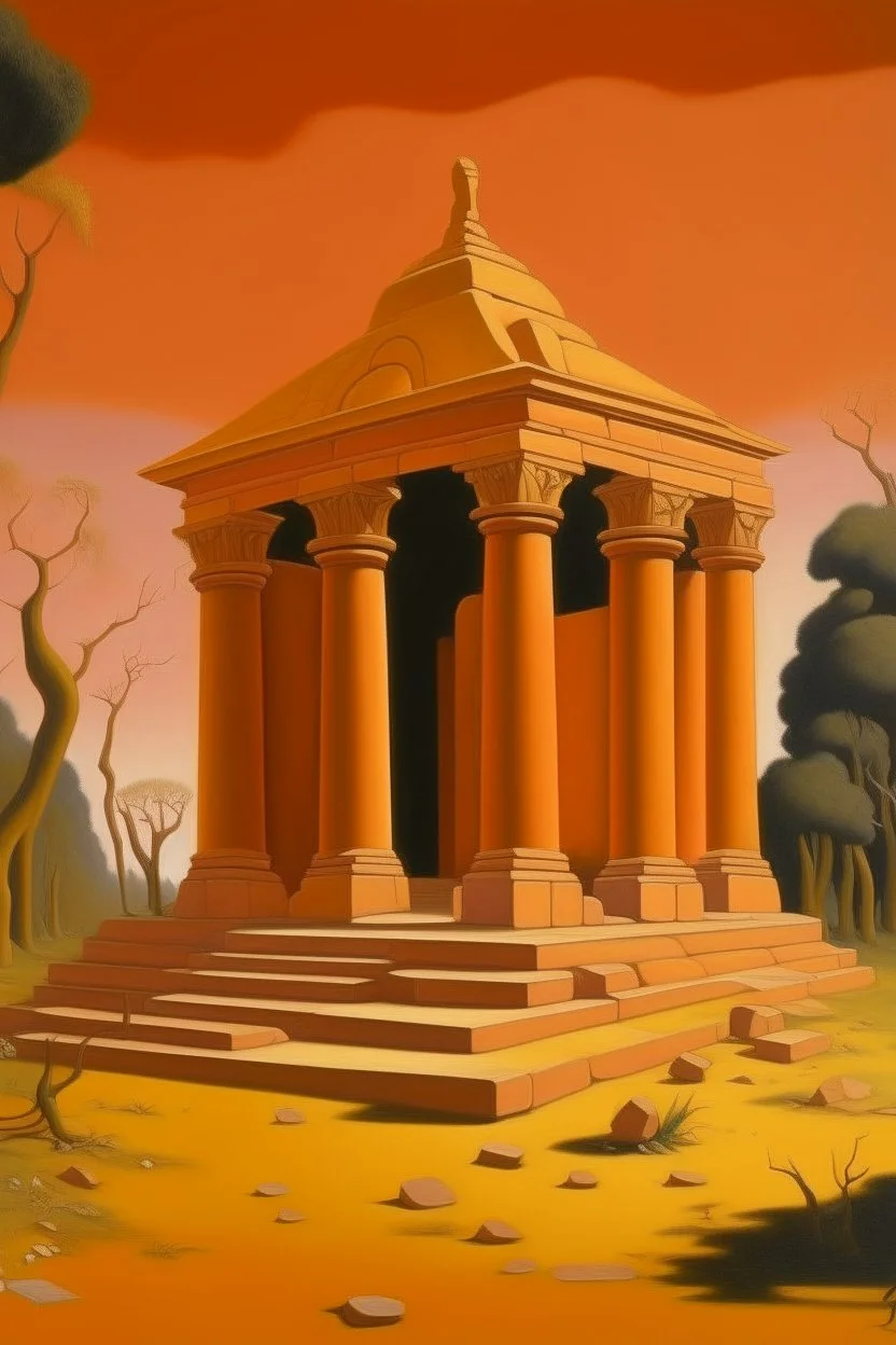 A light rosy orange colored ruined temple with sundials painted by Henri Rousseau