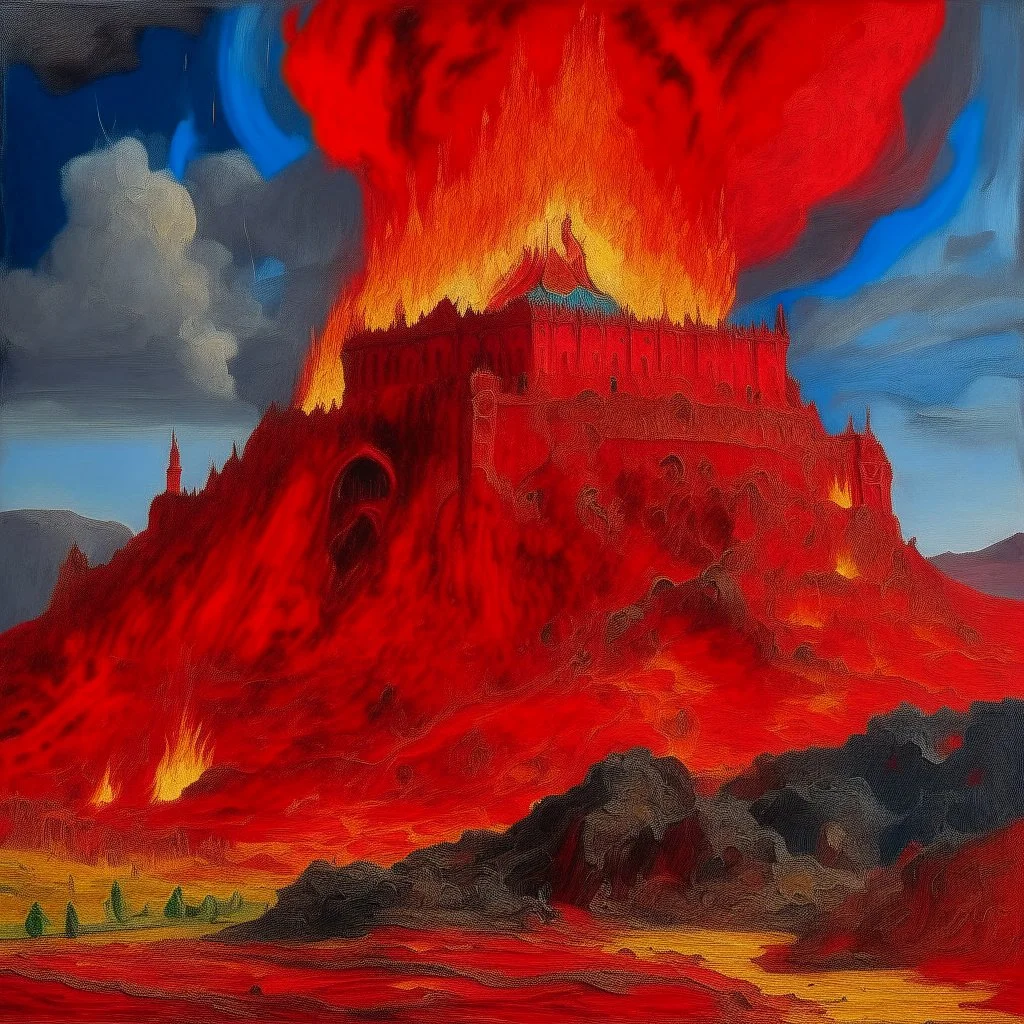 A red volcanic castle in a fiery realm painted by Claude Monet