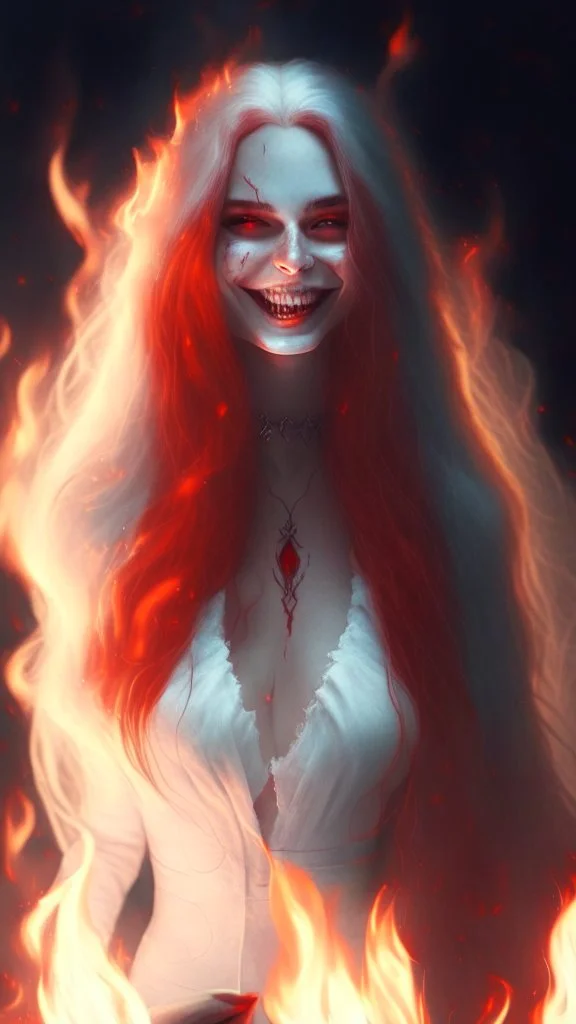 SUPER PRETTY WOMAN, NICE BODY, SMILE, DEMON FACED, WHITE SKIN, RED SMALL COSTUME, WHITE LONG HAIRED, STAY OVER FIRE CIRCLE, CANDLES, HIGH DETAILS, ASHES EFFECT, MIST EFFECT, 4K DEFINITION PICTURE, HELL BACKGROUND.