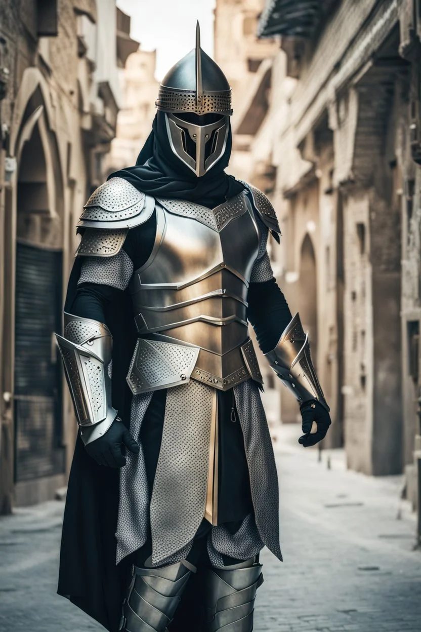 Arab cyborg warrior Full Body Full Armored helmet,Wearing Face Mask Iron Masculine Mysterious Powerful Fantasy High Quality clothes,islamic city background